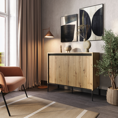 Komoda TREND TR-02 v.22d z oświetleniem - dąb artisan/czarny/frezowanie proste