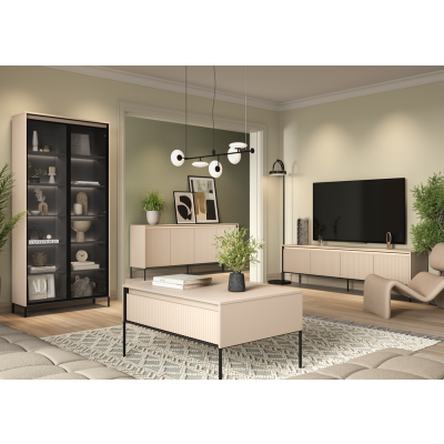 Komoda TREND TR-04 v.2  4d z oświetleniem - beż piaskowy/czarny/frezowanie półwałek