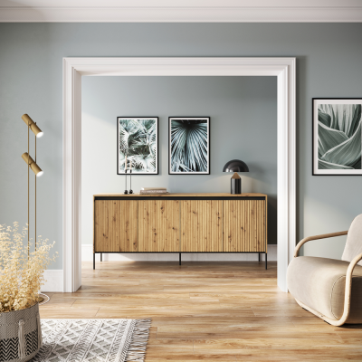 Komoda TREND TR-04 v.2 4d z oświetleniem - dąb artisan/czarny/frezowanie proste