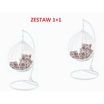 Zestaw wiszących foteli ogrodowych białe - zestaw 1+1 (siedziska w kwiaty)
