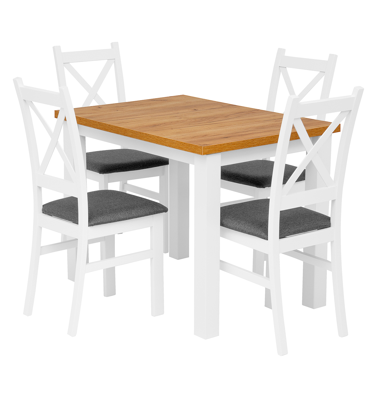 Zestaw stół Monte (dąb złoty craft/biały) + 4 krzesła Carlo (biało/szare)